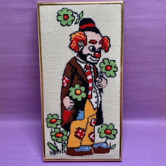 Handmade Other - Vintage Retro Framed Clown Needlepoint Artwork